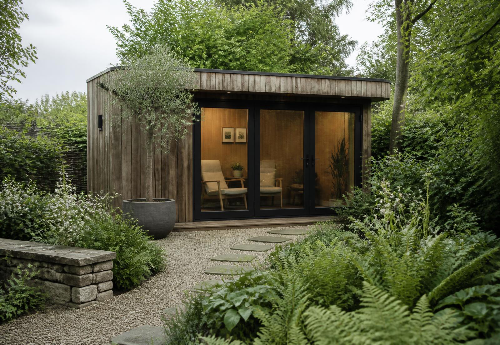 A timber garden therapy cabin surrounded by ferns and planting