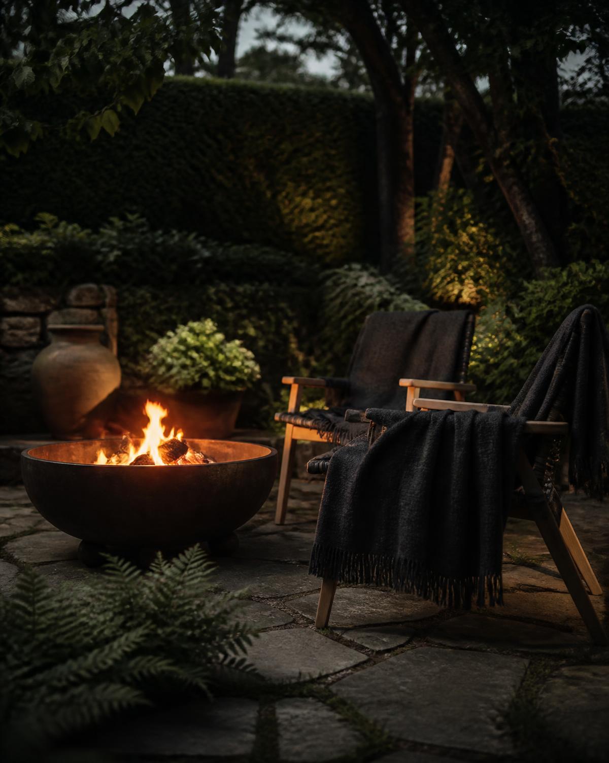 Garden seating around a lit fire pit with wool blankets at dusk