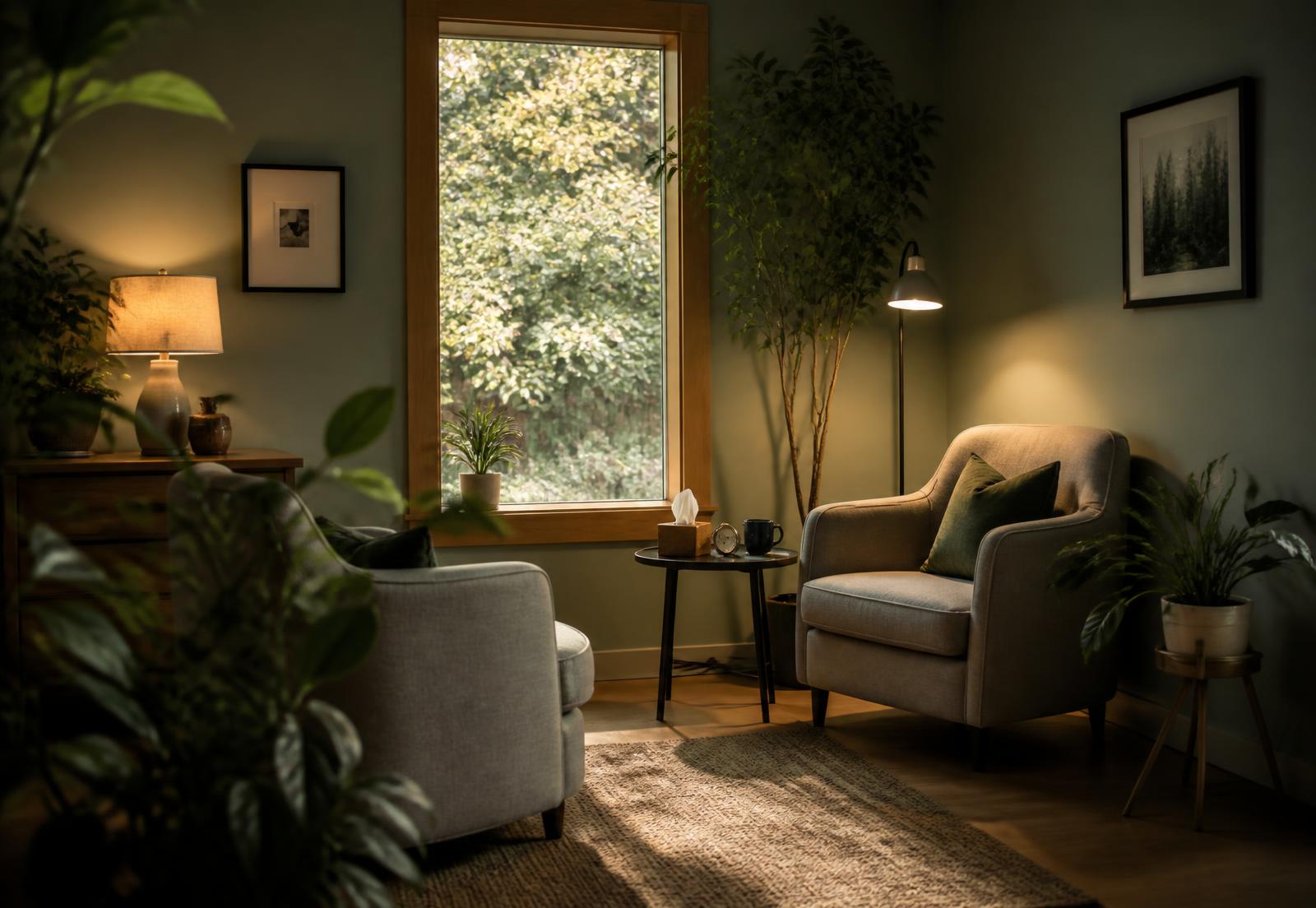 A calm therapy room with sage green walls, armchairs and plants