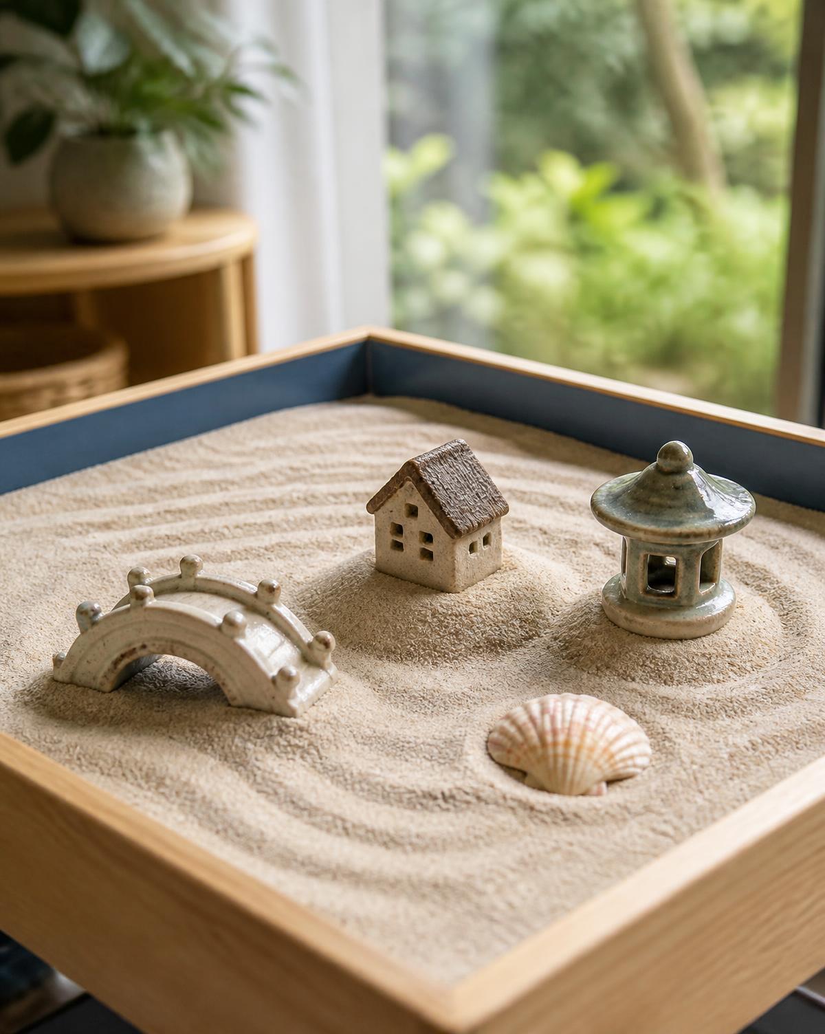 A sand tray with small ceramic figures beside a garden window